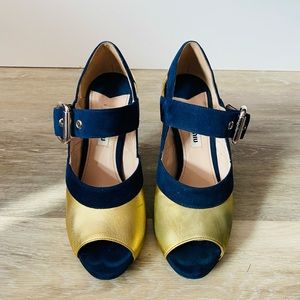 Miu Miu Gold Leather with Navy Suede Trim Sandals